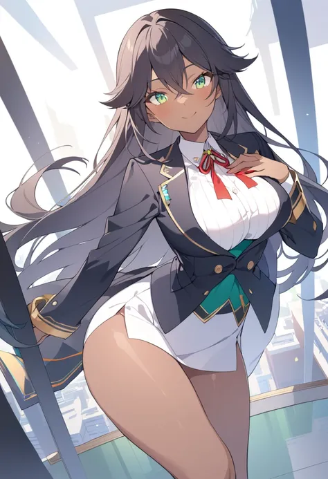 1girl, 独奏,black dark skin,breasts,thighs,dark-skinned female, green eyes, long hair, smile,Dynamic Angle,suit,Grab your own chest