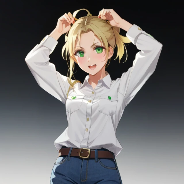 score_9, score_8_superior, score_7_superior, score_6_superior, score_5_superior, score_4_superior, sauce_anime, One girl, Blonde, Hair Bun, Green Eyes, ww chain, Spread your arms, Messy Hair, White shirt, Jeans pants, Dungeons, Highest quality, Highest res...