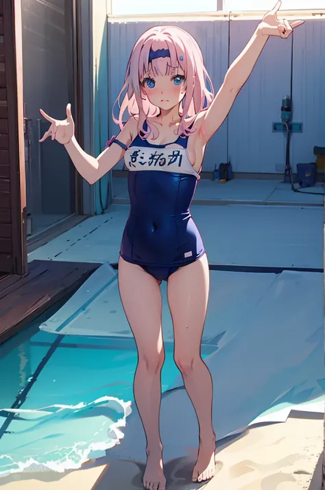 school swimwear、Acme Face、Random pose、, Medium Hair、、Pale blue eyes、Pink Hair、nsfw、Highest quality、1 girl、solo、Ocean、Sandy Beach、Sexy pose、Random pose、Blushing、Wet、Embarrassed、I can see half of my 、、One piece swimsuit、(Strap slip:1.3)、School Swimsuit