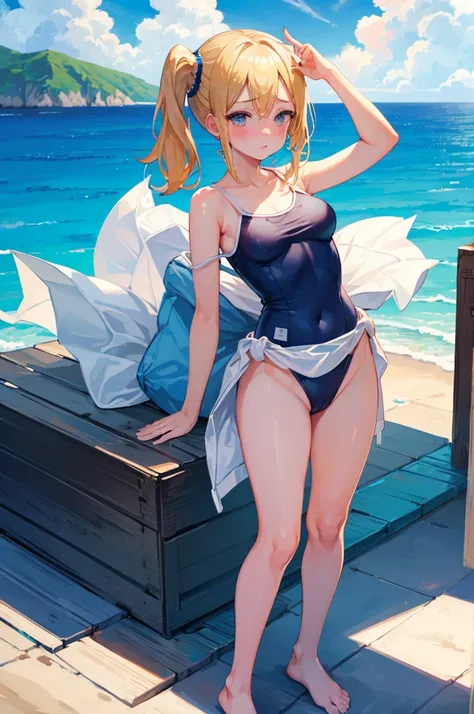 School Swimsuit,,Blushing、Blonde、ponytail、Pale blue eyes、Head to toe full body、Blushing、Embarrassed look、Composition from the front、A view from slightly below、school swimwear、Acme Face、Random pose、, 、nsfw、Highest quality、1 girl、solo、Ocean、Sandy Beach、Sexy ...