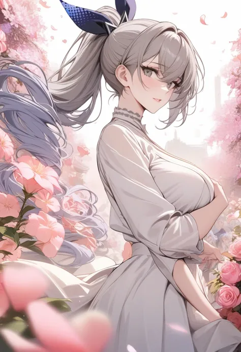 masterpiece, Highest quality, so beautiful, Absurd, One girl, mature_Lady,  ,Silver_Wolf, Grey Eyes, High Ponytail,,Surrounded by flowers,fall_petal, Outdoor, petal,,,Blur the background,Background blur,Floating Hair,