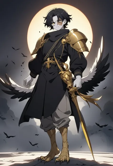 1man, adult, angel, pale skin, black hair, very short hair, white hairlocks, golden eyes, broken face, crack on the face, radiance coming from the crack, missing eye, black wings, eyed wings, bird legs, black robes, golden details, golden shoulder pads, go...