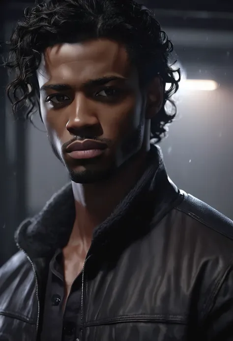 1 man, inside a dark house, wearing clothes in dark colors, simple and modern, detailed facial features, black male eyes, detailed light skin, dark wavy hair of medium length, strong and serious expression, dramatic lighting, cinematic composition, badboy ...