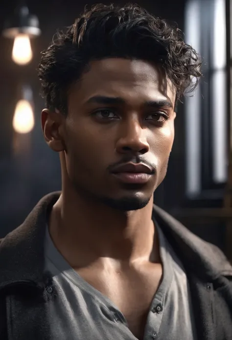 1 man, inside a dark house, wearing clothes in dark colors, simple and modern, detailed facial features, black male eyes, detailed light skin, dark wavy hair of medium length, strong and serious expression, dramatic lighting, cinematic composition, badboy ...