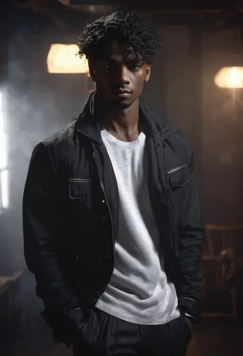 1 man, inside a dark house, wearing clothes in dark colors, simple and modern, detailed facial features, black male eyes, detailed light skin, dark wavy hair of medium length, strong and serious expression, dramatic lighting, cinematic composition, badboy ...