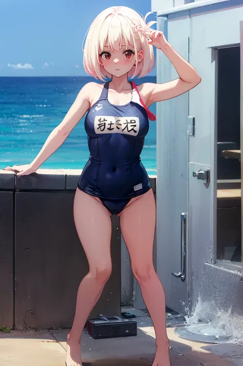 School Swimsuit,,Blushing、Pale red eyes、Light cream colored hair、short hair、Head to toe full body、Blushing、Embarrassed look、Composition from the front、A view from slightly below、school swimwear、Acme Face、Random pose、, 、nsfw、Highest quality、1 girl、solo、Ocea...