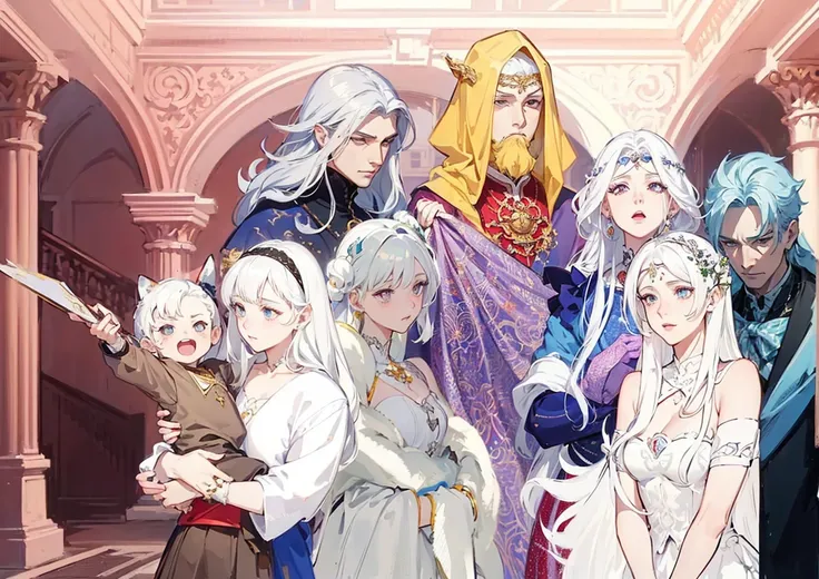 Royal family Palace fund Symmetrical bodies No errors Good quality 

um grupo de pessoas com white  hair e roupas brancas segurando espadas, a character portrait of Kamagurka, PIXIV, serial art, anime in fantasy style, harem, highly detailed exquisite fana...