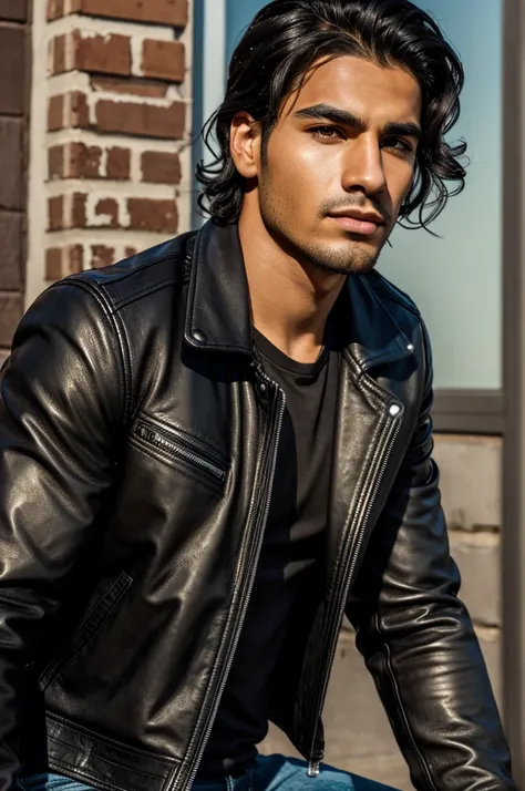 (Best Quality), Chico, Sports motorcycle, black wavy hair, Brown eyes, scar on his right eyebrow, leather jacket