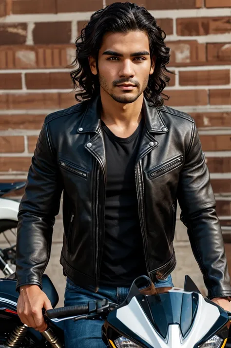 (Best Quality), Chico, Sports motorcycle, black wavy hair, Brown eyes, scar on his right eyebrow, leather jacket