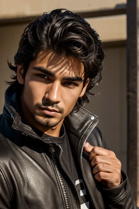 (Best Quality), Chico, Sports motorcycle, black wavy hair, Brown eyes, scar on his right eyebrow, leather jacket