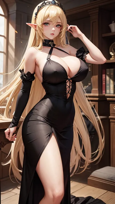 Queen elf woman, wears a fitted short black maid dress, has long messy shaggy blonde hair, It has red eyes, has a big breast.