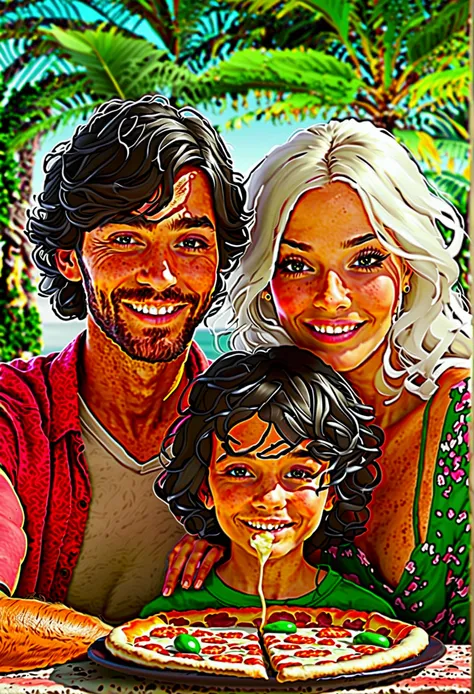 CREATE AN ULTRA REALISTIC SCENE OF A BRAZILIAN-LOOKING WHITE FAMILY FROM BRAZIL SMILING AND EATING PIZZA 