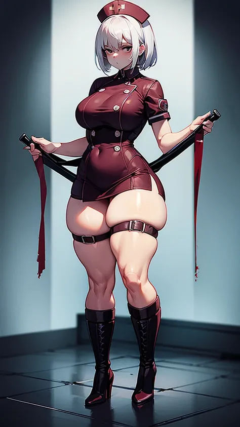 woman, nurse outfit, bloody, short stature, perfect curves, thick thighs, nurse boots, fishnet stockings, holding a bloody saw, perverse expression, high definition, RTX lighting, full body focus, morgue background.