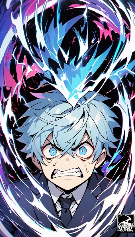 Guy, matured,School,Uniform,blazer,logo,spiky light blue hair,blue eyes, psychotic expression,blue lightning background,thunder aura