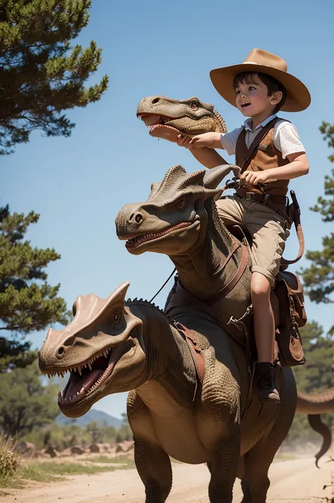 little boy dressed as Indiana Jones riding a dinosaur 