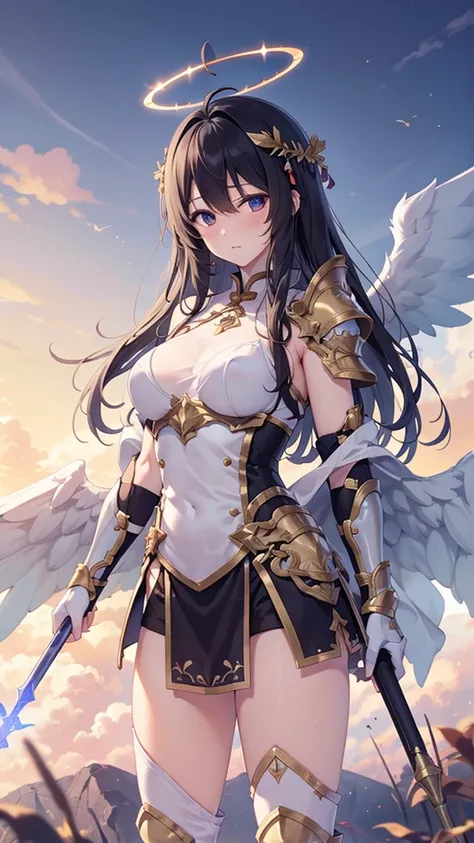 1 Girl,Angel wings,Medium breasts,(Sunlight),(Angel),Dynamic Angle,floating,wing,黑色wing，Black Hair，Halo,floating white silk,(Holy Light),Silver Star,outdoor,Sky,antenna,Chinese weapons,Holding lever arm,spear,fly,flying,Shoulder_armor,Shin_Guard,Oil residu...