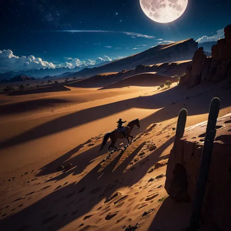 Misterious cowboy rising a horse at night, full moon, desert 