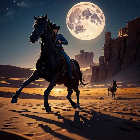 Misterious cowboy rising a horse at night, full moon, desert 