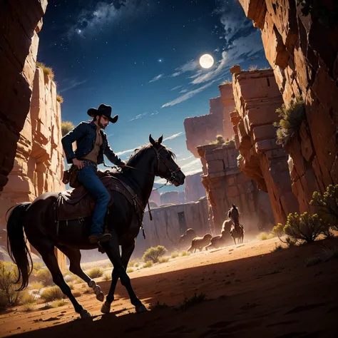 Misterious cowboy rising a horse at night, full moon, desert 