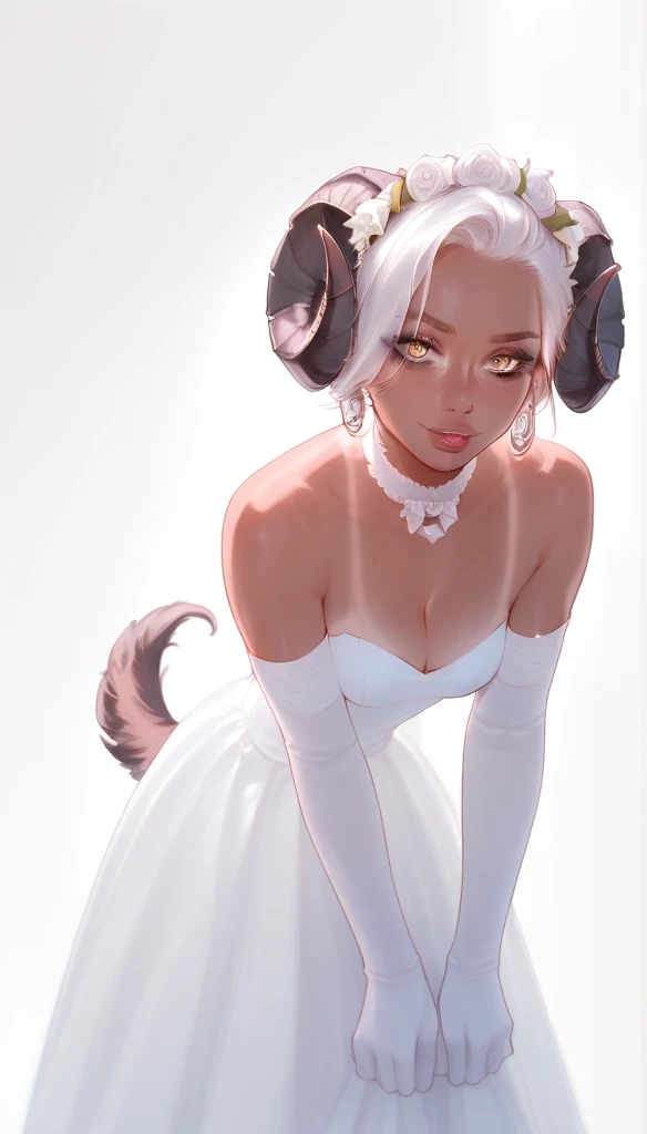 score_9, score_8_up, score_7_up, 1girl, solo, 
(hanging dog ears, dog tail), short hair, glowing brown eyes, curved ram horns, tanned skin, demoness, (dog:1.2),
monochromatic, eerie atmosphere, 
(wedding dress), seductive, stark white background