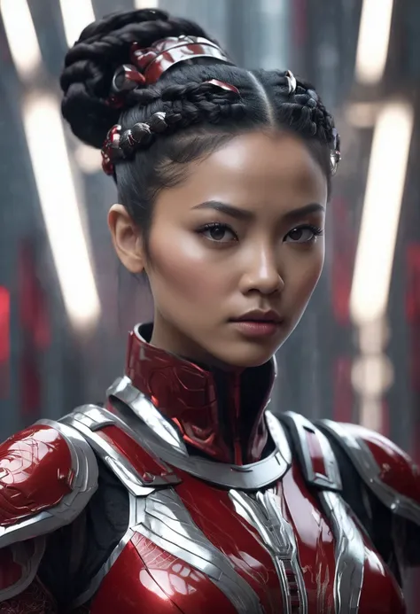 1 woman, inside a modern futuristic style room, wearing fine iron armor in red and silver tones, detailed facial features, black female eyes and Chinese anatomy, detailed light skin, dark hair tied in a tight bun, strong expression and serious, dramatic li...