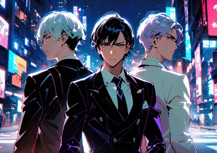 3 men with white hair, 1 man with black hair, 1 man in a black suit with purple hair, 1 man in a white suit standing in a group of 3 with their backs turned in the middle of the city at night.