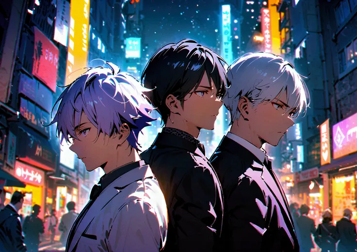 3 men with white hair, 1 man with black hair, 1 man in a black suit with purple hair, 1 man in a white suit standing in a group of 3 with their backs turned in the middle of the city at night.