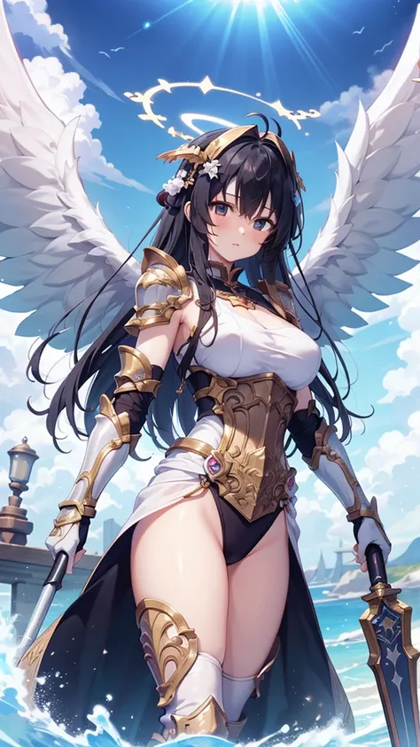 1 girl,angel wings,medium breasts,(sunlight),(angel),dynamic angle,floating,wing,（（黑色wing）），black hair，halo,floating white silk,...