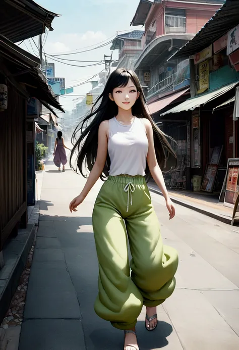 realistic anime illustration of a pretty long hair young asian woman, black hair, shes smiling and walking, Pattaya scenery. she wearing sleeveless shirt, elephant pants and silver heel sandals