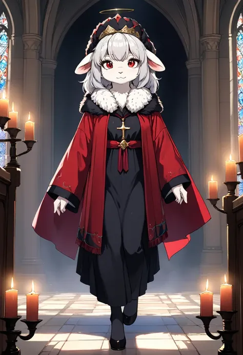 uploaded on e621, ((by Yurusa, by Childe Hassam, by Kenket, by Kyoto Animation)),
solo (chibi:1.15) ((sheep (lamb (cult of the lamb)), black body and white fur, white hair, horn, clear red sclera)),
(wear red crown, red cloak, grey black gown:1.25), (flat ...