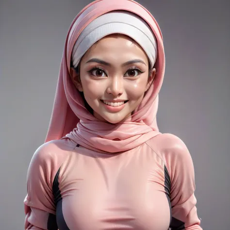 ultra detailed skin,ultra detailed face, portrait,3D caricature of a 25 year old Indonesian woman (athletic body, slim stomach, slightly plump, voluptuous) wearing a large hijab on her head, smiling happily while posing. She wore a pink long-sleeved t-shir...