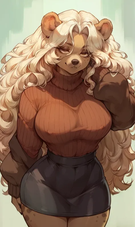 female anthro hyena,Brown long fluffy hair, fluffy hair, bear ears, bear, big breasts, attractive, turtleneck sweater, turtleneck, thicc body, thicc, freckles, freckles on face, neutral expression, smug eyes, bored eyes, skirt, black skirt