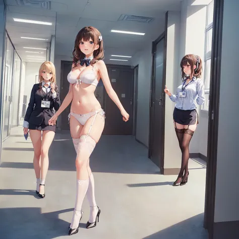 ((二人のIn underwearの女性はセクシーにOffice corridorを歩いている:1.4), Beautiful Anime Women, Beautiful art style, Anime characters, ((Smooth texture, Realistic texture, Anime CG Style)), ((Highest quality)), (Very detailed), (Very detailed CG 統合 8k 壁紙), Very detailed, Hig...