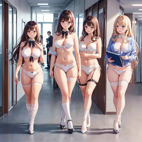 ((二人のIn underwearの女性はセクシーにOffice corridorを歩いている:1.4), Beautiful Anime Women, Beautiful art style, Anime characters, ((Smooth texture, Realistic texture, Anime CG Style)), ((Highest quality)), (Very detailed), (Very detailed CG 統合 8k 壁紙), Very detailed, Hig...