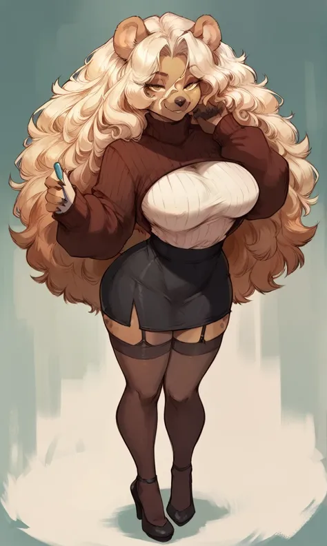 female anthro hyena,Brown long fluffy hair, fluffy hair, bear ears, bear, big breasts, attractive, turtleneck sweater, turtleneck, thicc body, thicc, freckles, freckles on face, neutral expression, smug eyes, skirt, black skirt, garter belt tights, hig hee...