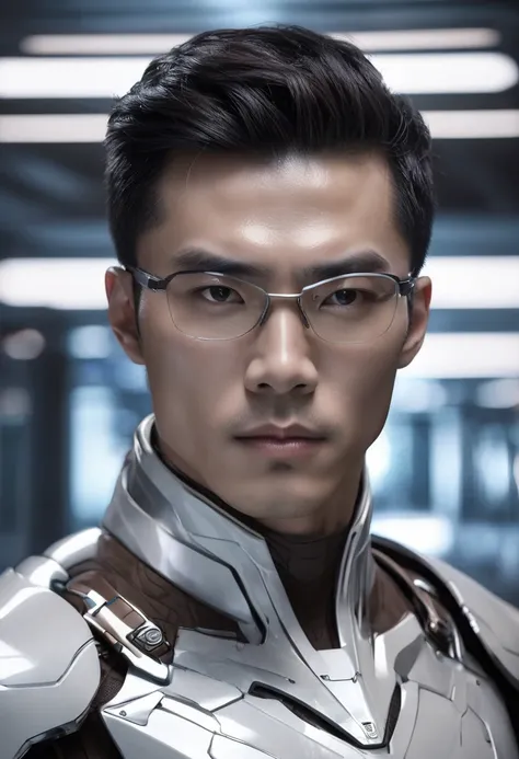 1 man, inside a modern room in a futuristic style, wearing fine iron armor in white and silver tones, thin body, light muscles, detailed facial features, brown male eyes Chinese anatomy, wearing square glasses, detailed tanned skin, hair short darks, stron...