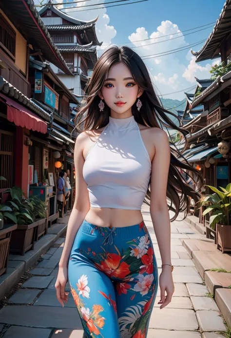 a pretty long hair young asian woman, black hair, beautiful detailed eyes, beautiful detailed lips, extremely detailed eyes and face, longeyelashes, smiling, walking, 1girl, pattaya scenery, sleeveless shirt, elephant pants, silver heel sandals, realistic ...