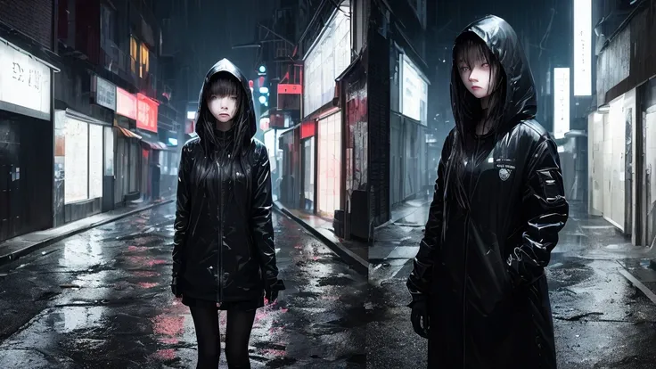 A dark, cinematic scene featuring an anonymous girl with a mysterious aura. She stands alone in a dimly lit alleyway, rain pouring down, her face partially hidden by shadows and a hood. Neon lights flicker in the background, casting eerie reflections on th...