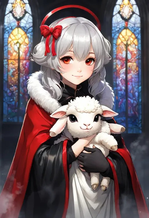 uploaded on e621, ((by Yurusa, by Childe Hassam, by Kenket, by Kyoto Animation)),
solo (chibi:1.15) ((sheep (lamb (cult of the lamb)), black body and white fur, white hair, horn, clear red sclera)),
(wear red crown, red cloak, grey black gown:1.25), (flat ...