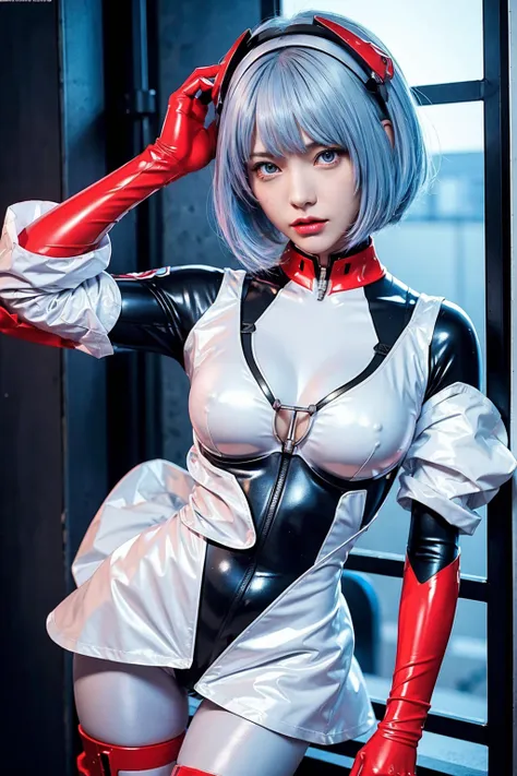 evangelion,rei ayanami,silvery blue hair,red eyes,red eyes,plug suit,bodysuits,interface headset,白いbodysuits,ultra hd,super high...