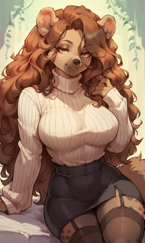 female anthro hyena,Brown long fluffy hair, fluffy hair, bear ears, bear, big breasts, attractive, turtleneck sweater, turtleneck, thicc body, thicc, freckles, freckles on face, neutral expression, smug eyes, skirt, black skirt, garter belt tights, she is ...