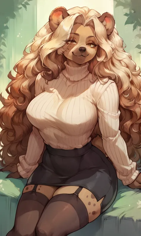 female anthro hyena,Brown long fluffy hair, fluffy hair, bear ears, bear, big breasts, attractive, turtleneck sweater, turtleneck, thicc body, thicc, freckles, freckles on face, neutral expression, smug eyes, skirt, black skirt, garter belt tights, she is ...