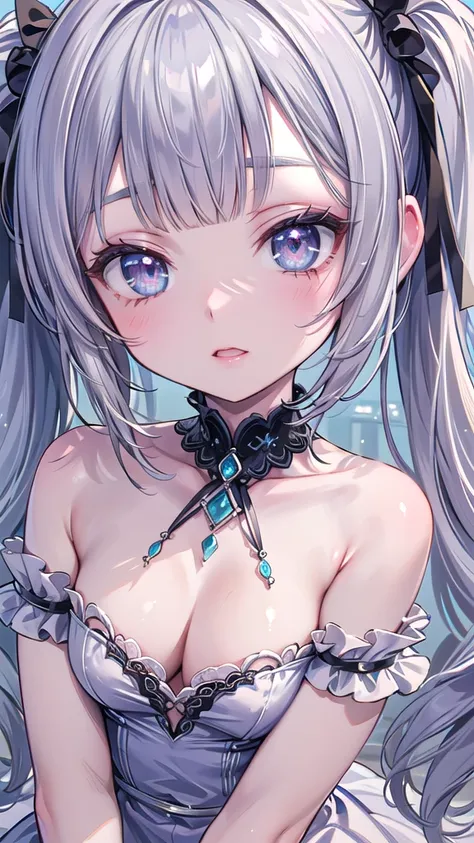 (8K, best quality, master piece: 1.5),super high resolution, One girl, solo, low angle, junior high school student, ultra-detailed face, detailed eyes, rainbow colored iris, cyan eyes, twin tails, Silver gray hair, blunt bangs, hairclip, orgasm face, pale ...