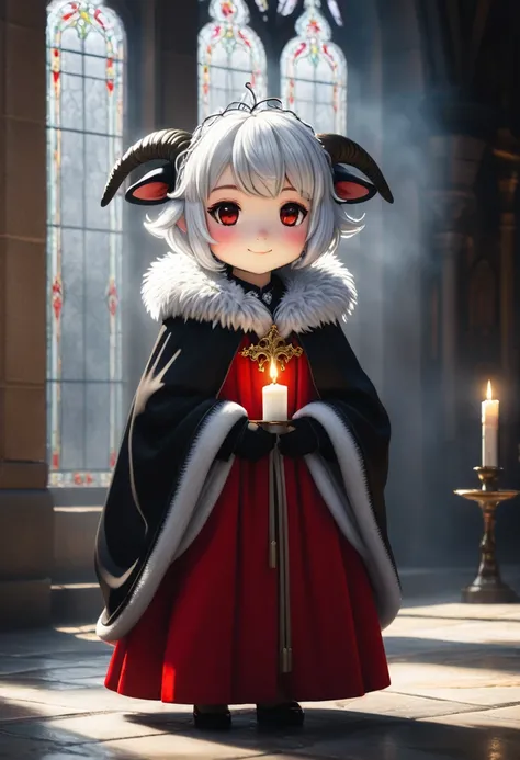 uploaded on e621, ((by Yurusa, by Childe Hassam, by Kenket, by Kyoto Animation)), solo (chibi:1.15) ((sheep (lamb (cult of the lamb)), black body and white fur, white hair, horn, clear red sclera)), (wear red crown, red cloak, grey black gown:1.25), (flat ...