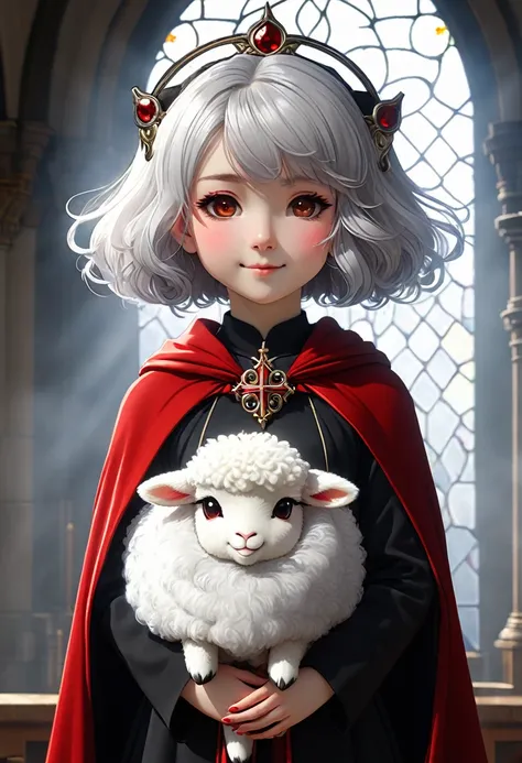 uploaded on e621, ((by Yurusa, by Childe Hassam, by Kenket, by Kyoto Animation)), solo (chibi:1.15) ((sheep (lamb (cult of the lamb)), black body and white fur, white hair, horn, clear red sclera)), (wear red crown, red cloak, grey black gown:1.25), (flat ...