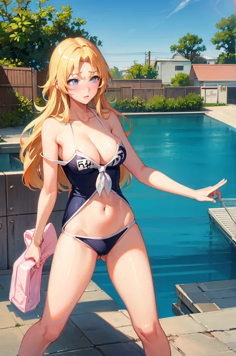 School Swimsuit,,Blushing、Big Breasts、Pale blue eyes、Blonde、Semi-long hair、、、Head to toe full body、Blushing、Embarrassed look、Composition from the front、A view from slightly below、school swimwear、Acme Face、Random pose、, 、nsfw、Highest quality、1 girl、solo、Oce...