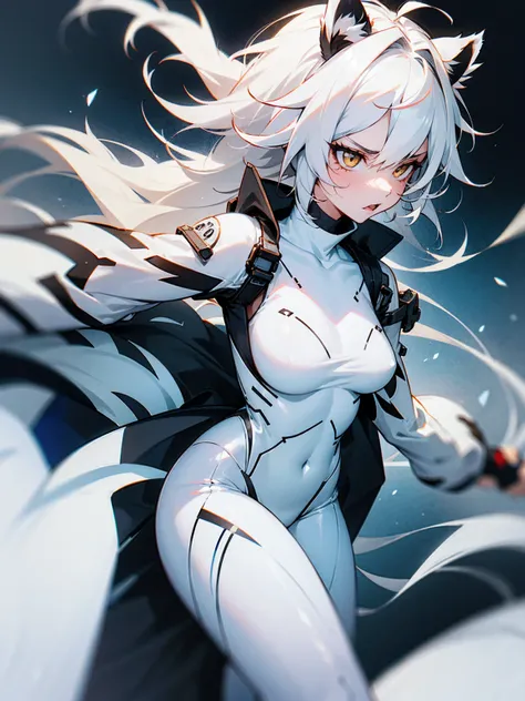    1female, white hair, messy hair, white tiger ears, white tiger tail, white body suit with tiger stripes, angry                               