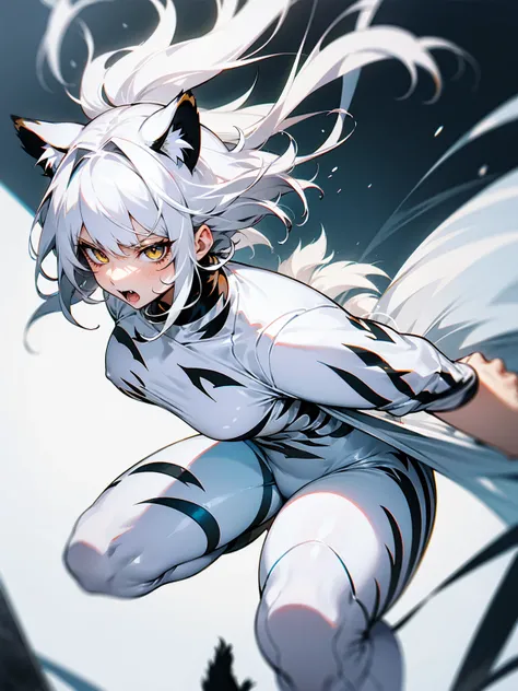    1female, white hair, messy hair, white tiger ears, white tiger tail, white body suit with tiger stripes, angry                               