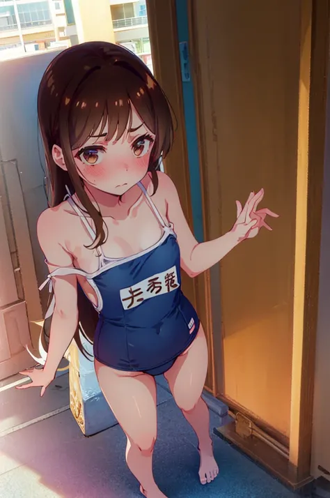 School Swimsuit,,Blushing、Pale brown eyes、Brown Hair、Semi-long hair、Head to toe full body、Blushing、Embarrassed look、Composition from the front、A view from slightly below、school swimwear、Acme Face、Random pose、, 、nsfw、Highest quality、1 girl、solo、Ocean、Sandy ...