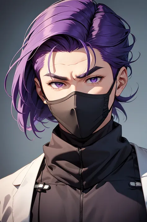 man with medium purple hair wearing a ninja style mask covering his full face